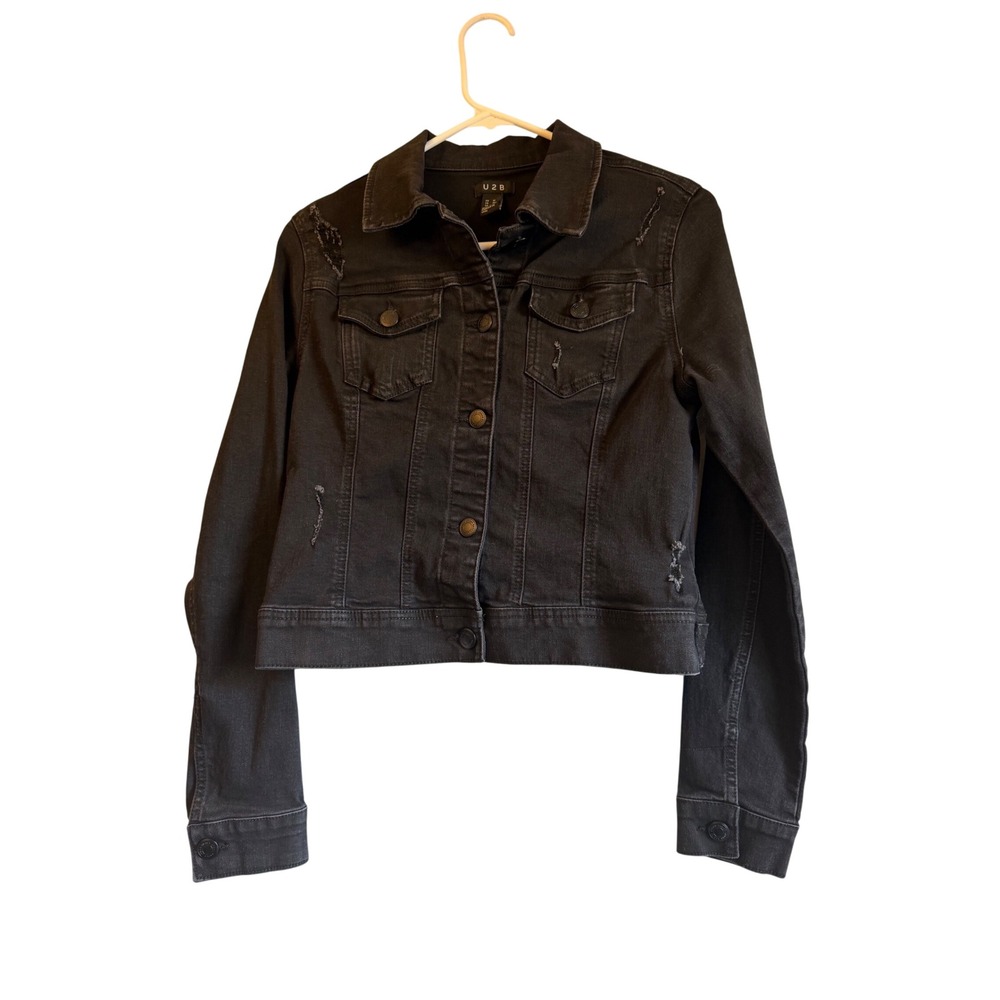 U2B Urban Basics Womens Distressed Black Denim Jacket Size M W-90017 Trucker